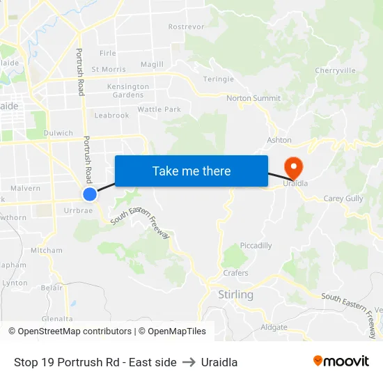 Stop 19 Portrush Rd - East side to Uraidla map