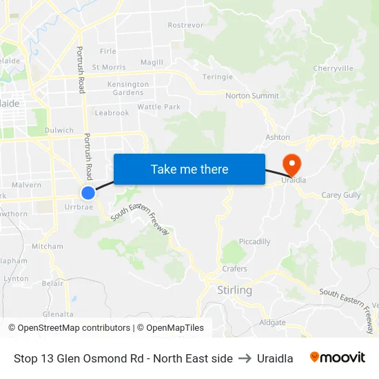 Stop 13 Glen Osmond Rd - North East side to Uraidla map