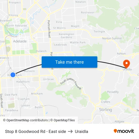 Stop 8 Goodwood Rd - East side to Uraidla map