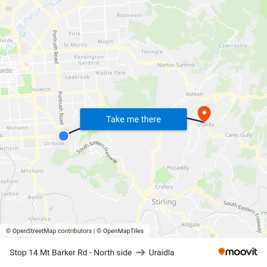 Stop 14 Mt Barker Rd - North side to Uraidla map