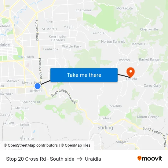 Stop 20 Cross Rd - South side to Uraidla map