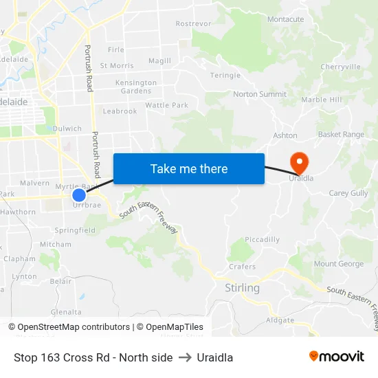Stop 163 Cross Rd - North side to Uraidla map