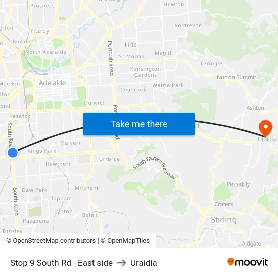 Stop 9 South Rd - East side to Uraidla map