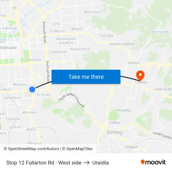 Stop 12 Fullarton Rd - West side to Uraidla map