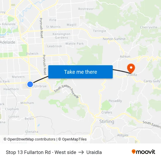 Stop 13 Fullarton Rd - West side to Uraidla map