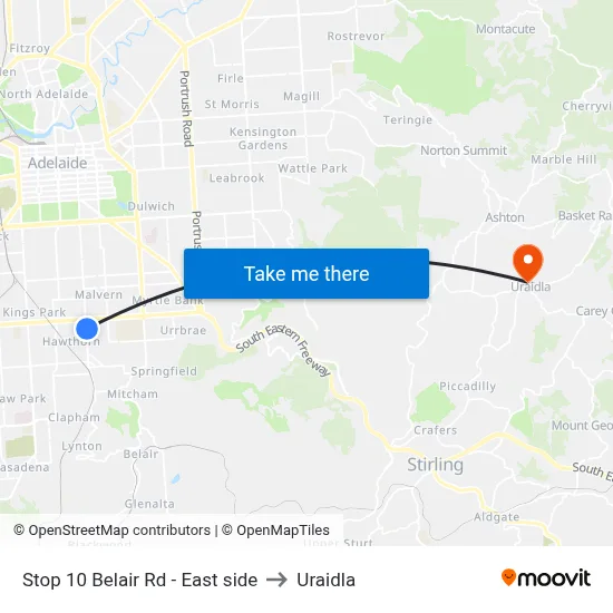 Stop 10 Belair Rd - East side to Uraidla map
