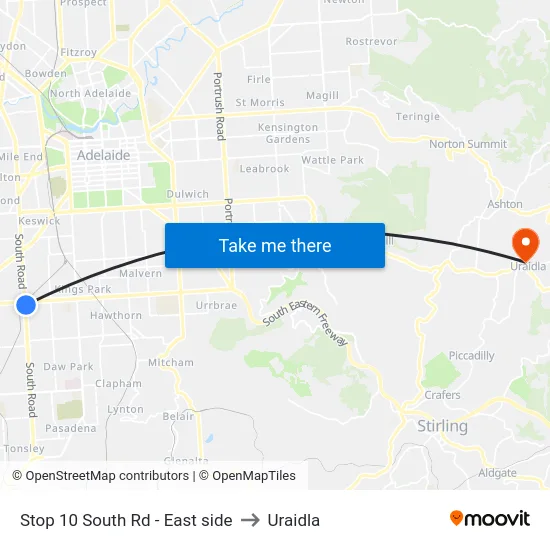 Stop 10 South Rd - East side to Uraidla map