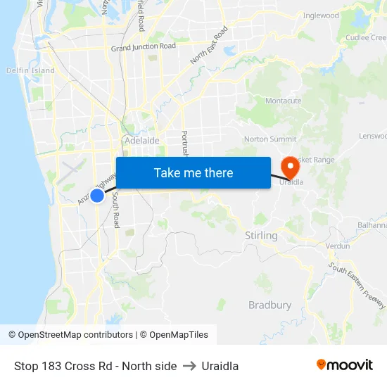 Stop 183 Cross Rd - North side to Uraidla map