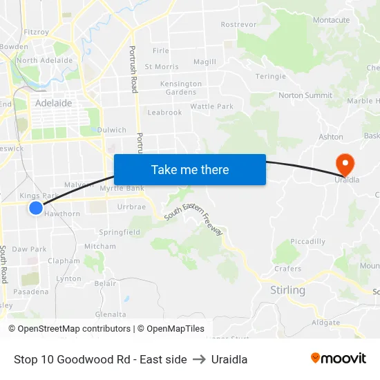 Stop 10 Goodwood Rd - East side to Uraidla map