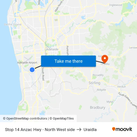 Stop 14 Anzac Hwy - North West side to Uraidla map