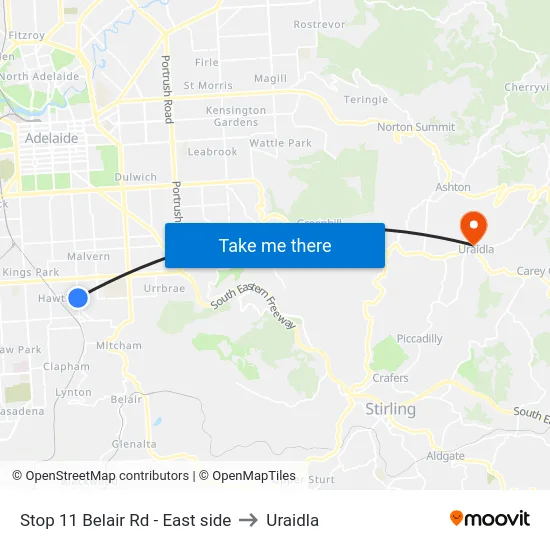 Stop 11 Belair Rd - East side to Uraidla map