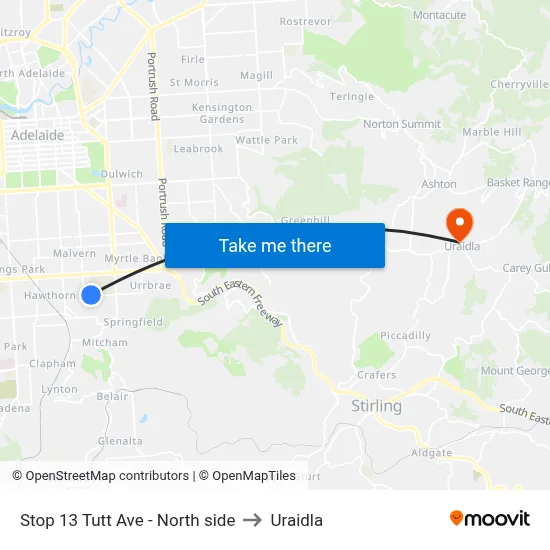 Stop 13 Tutt Ave - North side to Uraidla map
