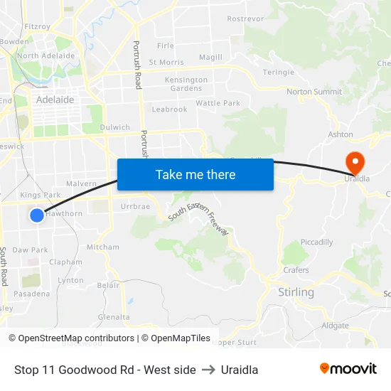 Stop 11 Goodwood Rd - West side to Uraidla map