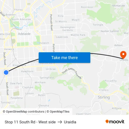 Stop 11 South Rd - West side to Uraidla map