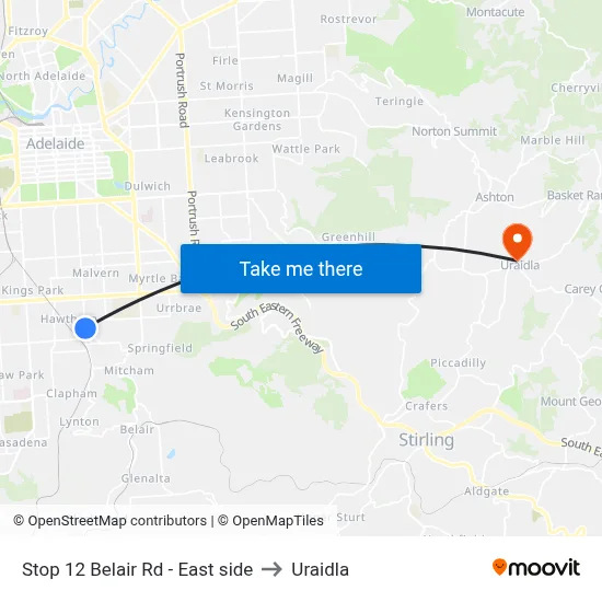 Stop 12 Belair Rd - East side to Uraidla map