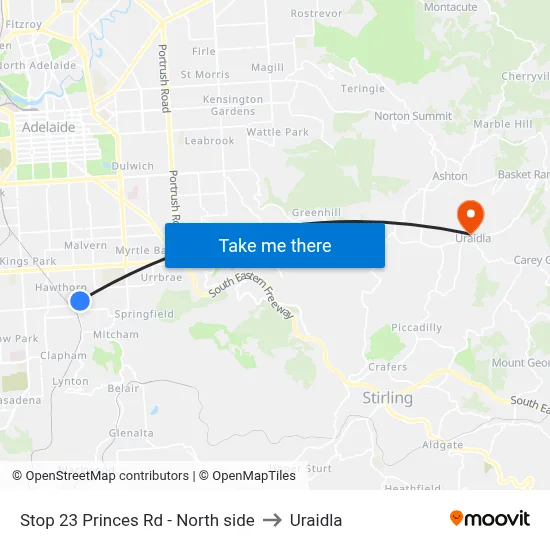 Stop 23 Princes Rd - North side to Uraidla map