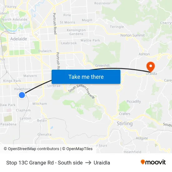 Stop 13C Grange Rd - South side to Uraidla map
