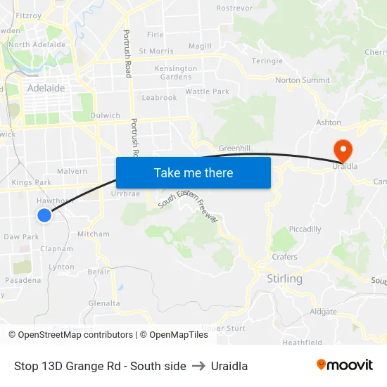 Stop 13D Grange Rd - South side to Uraidla map
