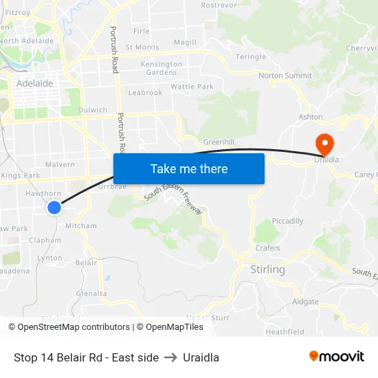 Stop 14 Belair Rd - East side to Uraidla map