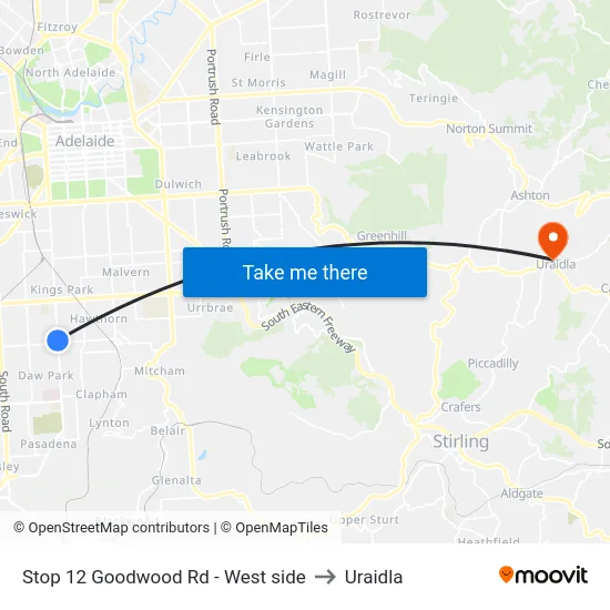 Stop 12 Goodwood Rd - West side to Uraidla map
