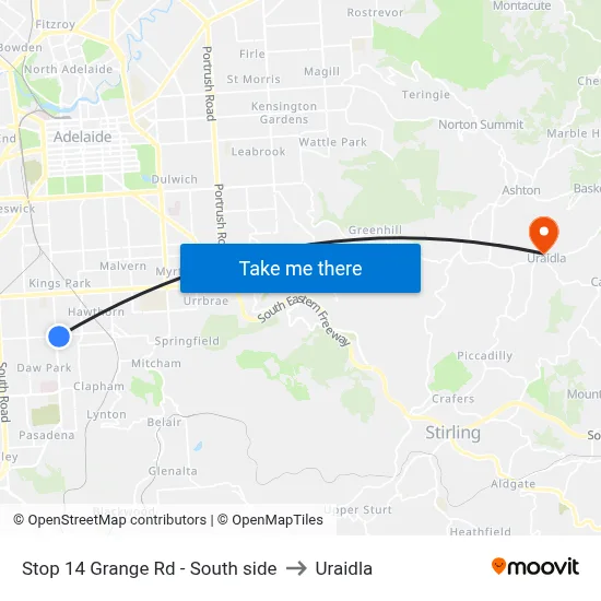 Stop 14 Grange Rd - South side to Uraidla map