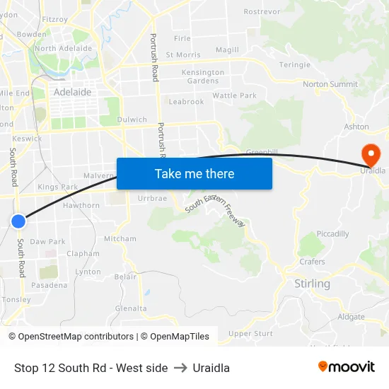 Stop 12 South Rd - West side to Uraidla map