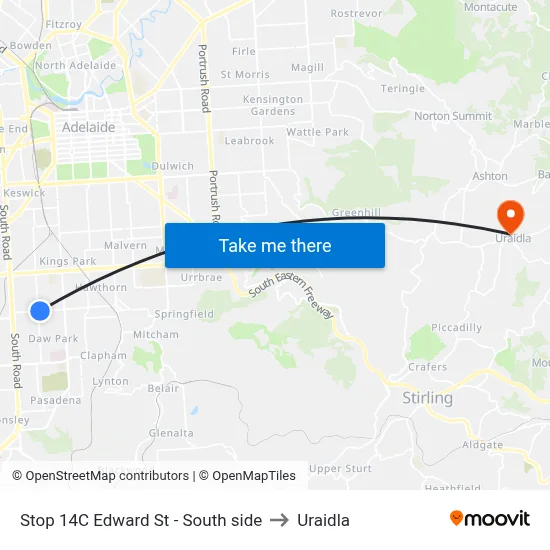 Stop 14C Edward St - South side to Uraidla map