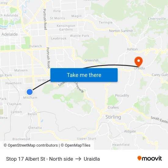 Stop 17 Albert St - North side to Uraidla map