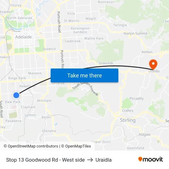 Stop 13 Goodwood Rd - West side to Uraidla map