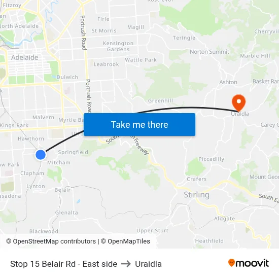 Stop 15 Belair Rd - East side to Uraidla map