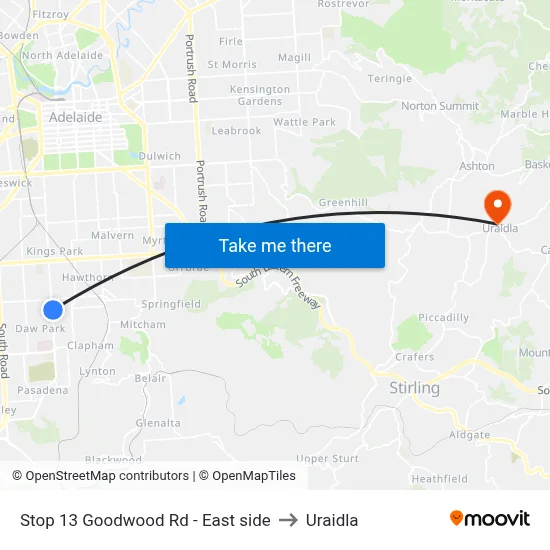 Stop 13 Goodwood Rd - East side to Uraidla map