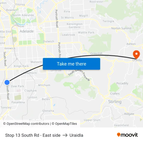 Stop 13 South Rd - East side to Uraidla map