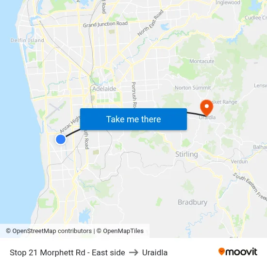 Stop 21 Morphett Rd - East side to Uraidla map