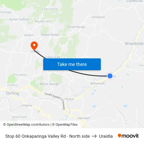Stop 60 Onkaparinga Valley Rd - North side to Uraidla map