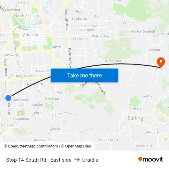 Stop 14 South Rd - East side to Uraidla map