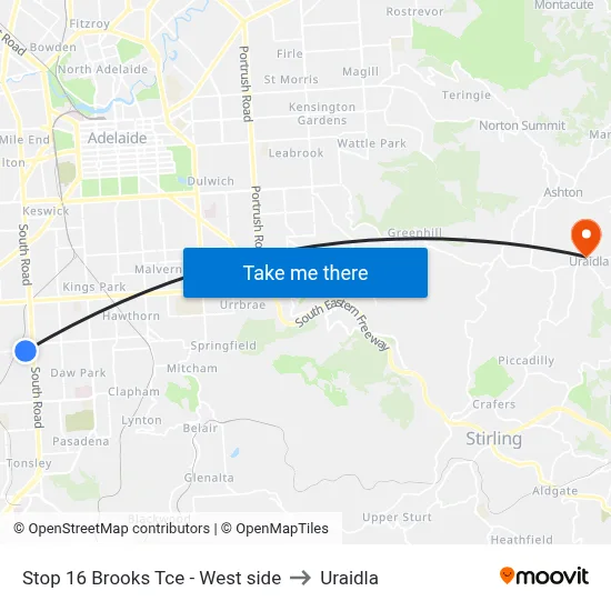 Stop 16 Brooks Tce - West side to Uraidla map