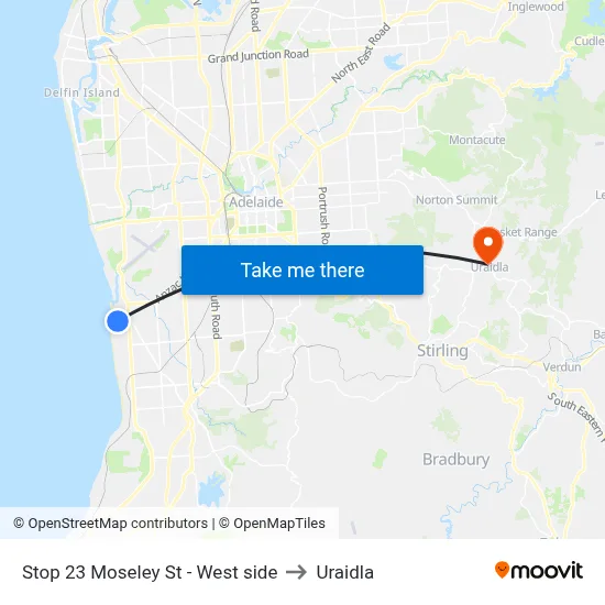 Stop 23 Moseley St - West side to Uraidla map