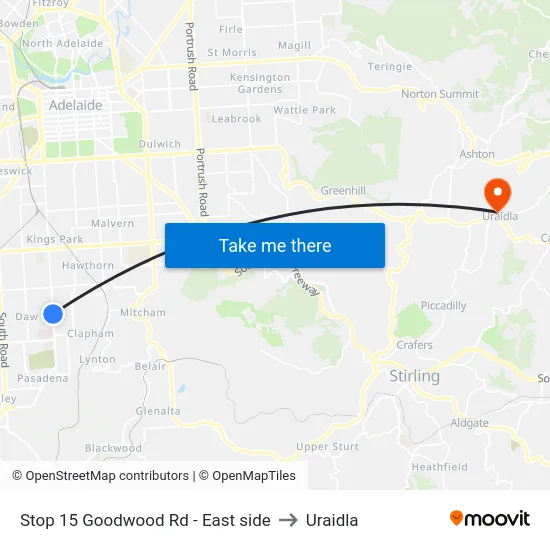 Stop 15 Goodwood Rd - East side to Uraidla map
