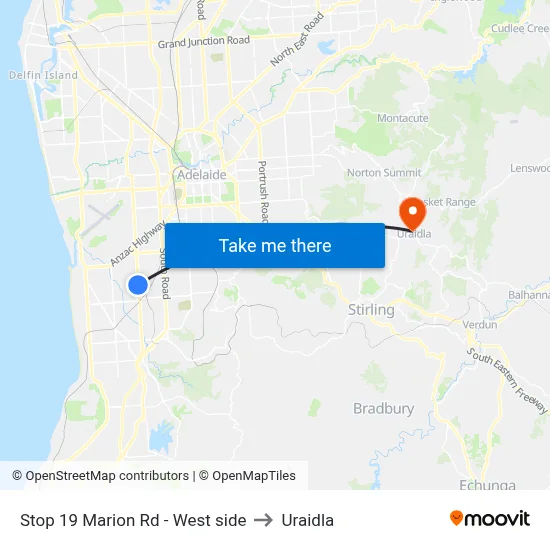 Stop 19 Marion Rd - West side to Uraidla map