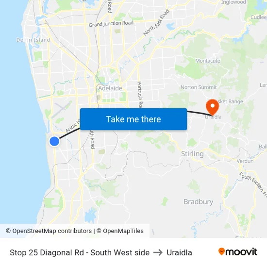 Stop 25 Diagonal Rd - South West side to Uraidla map