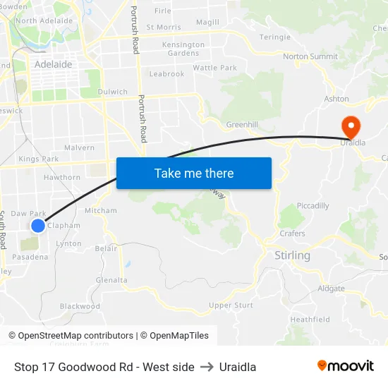 Stop 17 Goodwood Rd - West side to Uraidla map