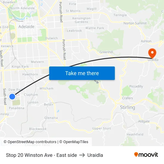 Stop 20 Winston Ave - East side to Uraidla map