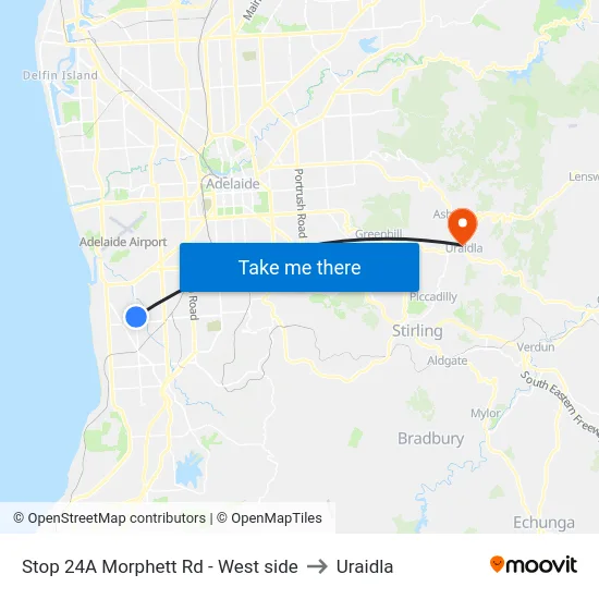 Stop 24A Morphett Rd - West side to Uraidla map