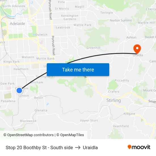 Stop 20 Boothby St - South side to Uraidla map