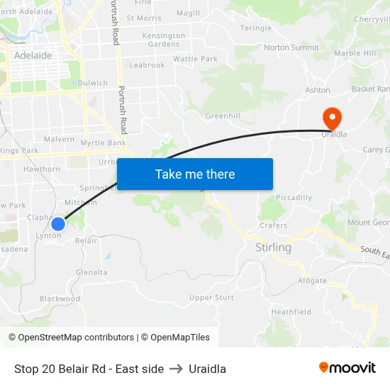 Stop 20 Belair Rd - East side to Uraidla map