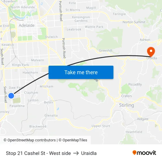 Stop 21 Cashel St - West side to Uraidla map