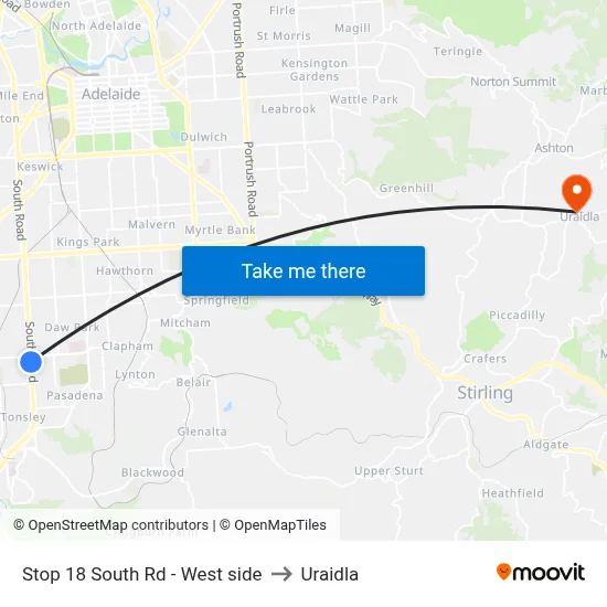 Stop 18 South Rd - West side to Uraidla map