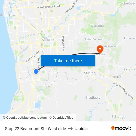 Stop 22 Beaumont St - West side to Uraidla map