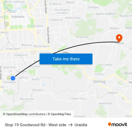 Stop 19 Goodwood Rd - West side to Uraidla map