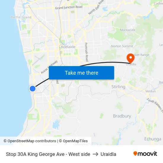 Stop 30A King George Ave - West side to Uraidla map